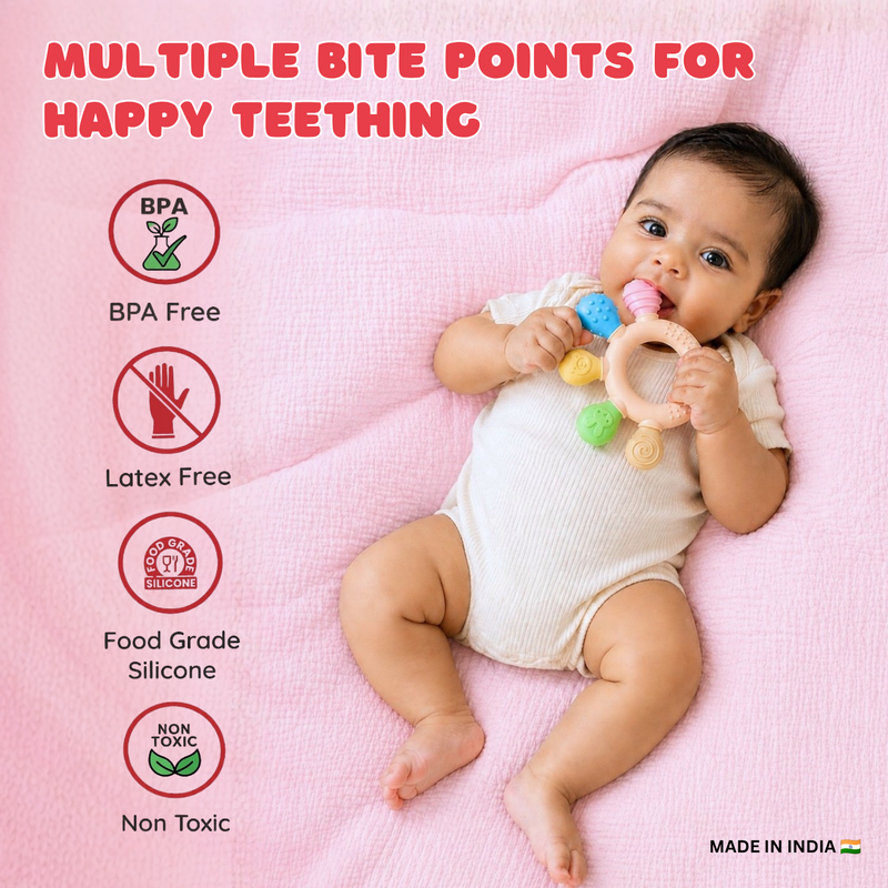 Tekme Silicone Ring Teether for Babies 3-12 Months | Made in India Baby Teething Toys | BPA Free Food Grade Silicone Teether | Sensory Chew Toy with Multiple Textures & Easy Grip Design (Pack of 1)